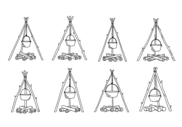 Download Campfire Cooking Pot Line Art Vector - Premium Resources